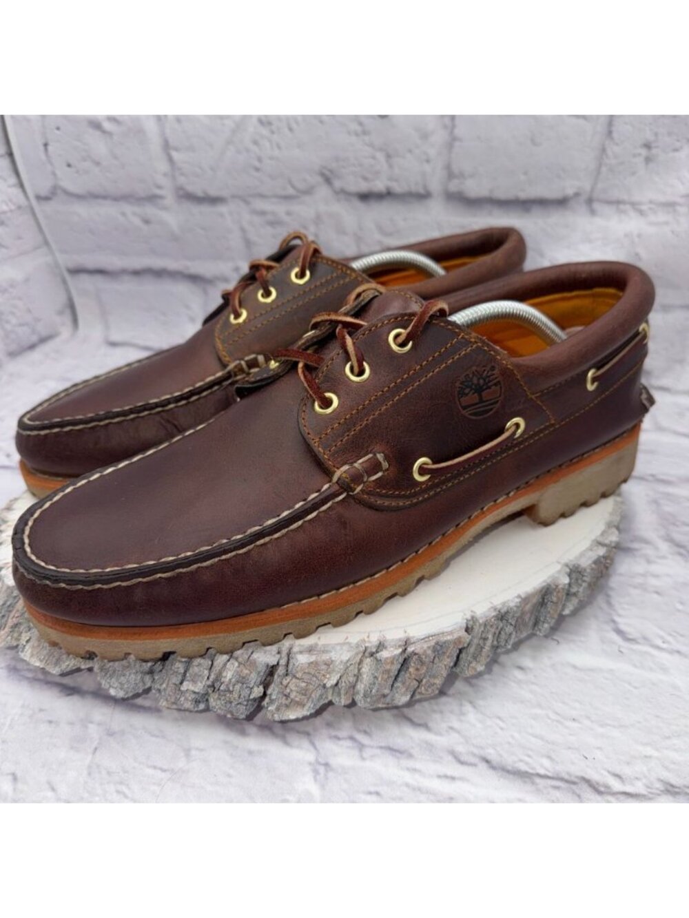 Timberland Mens Authentic 3-Eye Lug Handsewn Brown Leather Boat Shoes Size 12 M